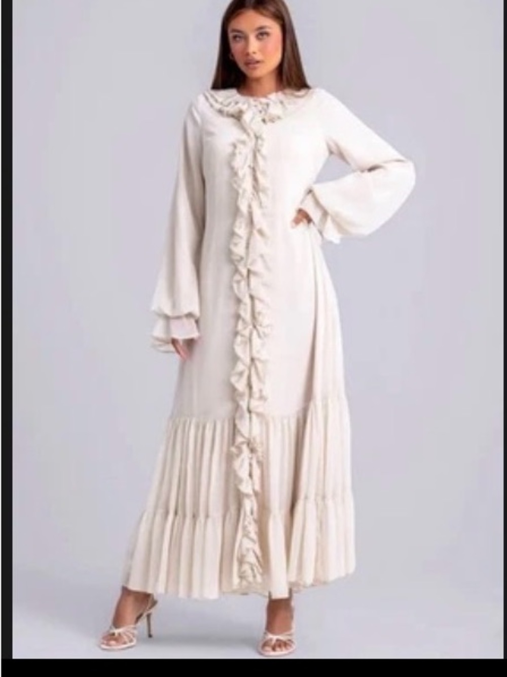 Cream Ruffle-Front Maxi Dress with Pleated Hem
